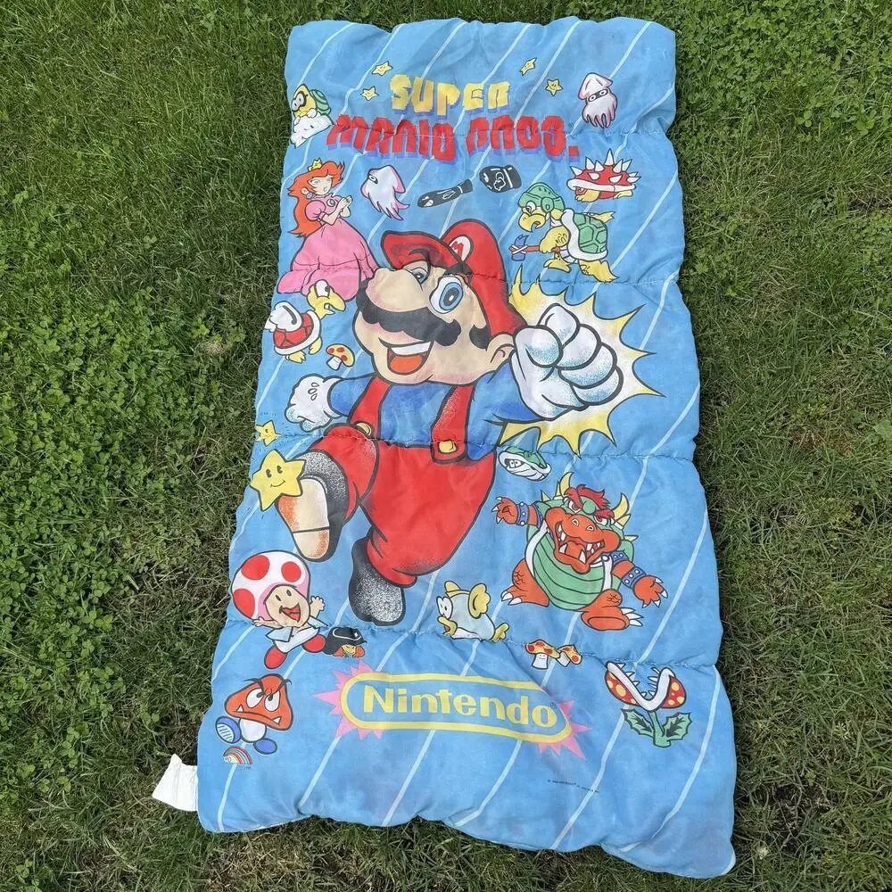 Vintage 1988 Nintendo Super Mario Bros Kids Blanket Blue Red Peach Bowser Toad